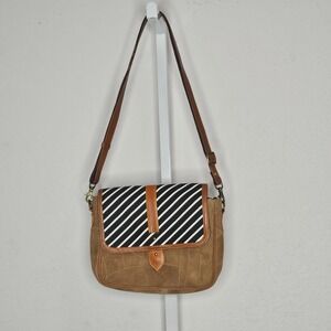 Vaan & Co‎ Suede Leather Crossbody Bag Brown Patchwork Striped Flap Adjustable
